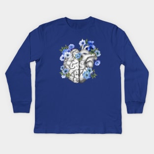 Right balance between head or brain and heart, Half heart and brain, blue anemones flowers anemoneus Kids Long Sleeve T-Shirt